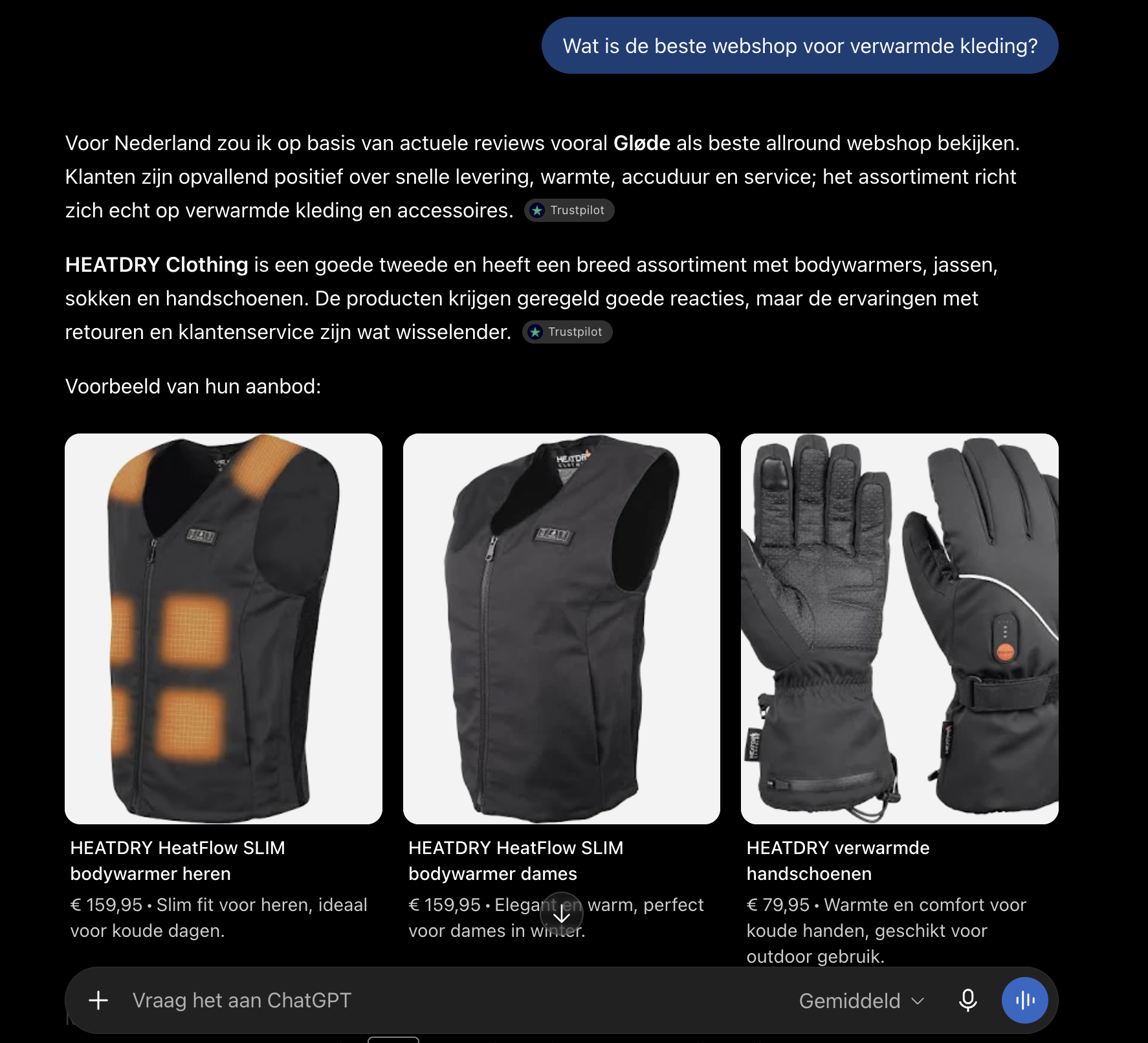 ChatGPT beveelt HeatDry aan als beste webshop voor verwarmde kleding